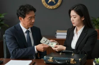 A businesswoman in a suit holding a briefcase with a large sum of money, standing next to a corrupt official accepting a bribe, in a dark, official-looking office setting
