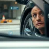A man from Saransk caught in a scam involving wheel changes on a car, realistic photo, focus on the car wheel and the man's surprised expression, urban setting, natural lighting