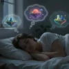 A surreal night scene showing a person sleeping peacefully in bed, with faint glowing thought bubbles above their head containing abstract, dreamlike images such as floating islands, strange creatures, and shifting colors, symbolizing dreams experienced by people who typically do not dream; soft moonlight filters through a window, casting gentle shadows, the atmosphere is quiet and introspective