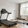 A modern, well-equipped home gym in a bright, clean living room in Chelyabinsk. The gym includes a treadmill, weight bench, dumbbells, resistance bands, and yoga mat. Natural light streams in from a window.