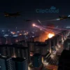 A dramatic aerial view of a city under attack, with explosions in the distance, smoke rising from buildings, and anti-aircraft fire visible in the sky. Russian military aircraft are seen engaging Ukrainian drones, with bright flashes and tracer rounds illuminating the night. The scene is set in a modern urban environment with high-rise buildings, streets, and infrastructure under threat.
