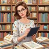 A woman in a library surrounded by books, holding a tablet with emojis displayed on the screen, looking thoughtful or confused, with a mix of traditional and digital elements in the background
