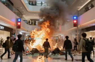 A dramatic scene of a sudden explosion inside a modern Japanese shopping mall, with flames and smoke filling the air, shattered glass and debris scattered on the floor, emergency lights flashing red and blue, and people in panic running away in fear, conveying tragedy and chaos