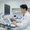 A modern, well-lit medical equipment maintenance workshop. In the foreground, a technician in a white coat is carefully inspecting a piece of diagnostic equipment, possibly an ultrasound machine or a patient monitor. The background shows a clean, organized lab with other medical devices on stands and shelves. The scene conveys professionalism, precision, and advanced healthcare technology.