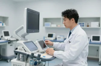A modern, well-lit medical equipment maintenance workshop. In the foreground, a technician in a white coat is carefully inspecting a piece of diagnostic equipment, possibly an ultrasound machine or a patient monitor. The background shows a clean, organized lab with other medical devices on stands and shelves. The scene conveys professionalism, precision, and advanced healthcare technology.