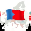 A symbolic scene showing the Czech Republic as a bridge or crossroads between Eastern and Western Europe: a stylized map of Europe with the Czech lands highlighted, flanked on the left by iconic Western symbols such as the Eiffel Tower and a modern skyscraper, and on the right by Eastern symbols like the Kremlin dome and traditional folk patterns. The Czech flag waves in the center, and diplomatic silhouettes of allied leaders stand on either side, looking toward the Czech region, conveying tens