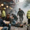A chaotic scene inside a cafe after a bombing. Smoke and debris fill the air. Several people are visible, some injured and distressed, others running. Emergency responders are present, attending to the victims. The overall atmosphere is one of devastation and urgency.