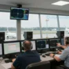 A busy airport control tower in Zhukovsky, Russia, with air traffic controllers working urgently to close the airspace. The scene should show multiple screens displaying radar data, communication equipment, and a large window overlooking the runway. The atmosphere should be tense and focused, with controllers communicating via headsets and pointing at screens. The image should capture the urgency and professionalism of the situation.