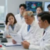 A concerned group of American scientists in a modern laboratory setting, looking at a document labeled 'Trump Executive Order 2025' with expressions of worry, surrounded by scientific equipment, books, and data screens showing climate and health research, soft natural lighting, realistic details