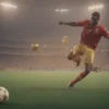 A dynamic football match scene showing a player in mid-action, striking the ball toward the goal, with a blurred stadium crowd in the background and a golden football boot trophy floating subtly above the field, symbolizing the race for the Golden Boot at the 2026 FIFA World Cup; the player wears a generic national team jersey without visible logos or text, and the lighting is dramatic with sunset hues