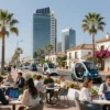A modern transformation of Marbella, Spain: a sleek tech hub with glass skyscrapers, solar panels, and autonomous electric vehicles driving along palm-lined avenues, juxtaposed with remnants of traditional Andalusian architecture — whitewashed buildings with red-tiled roofs and bougainvillea — now integrated into innovation districts. In the foreground, diverse young professionals collaborate outdoors at open-air workspaces with laptops and holographic displays, while the Mediterranean Sea glimm