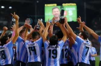 A dynamic sports scene showing an Argentine soccer team celebrating a hard-fought victory over Cabo Verde, with players in Argentina's sky-blue and white jerseys raising arms and trophies, stadium lights, crowd cheering, and the scoreboard displaying a close final score, photorealistic-1