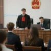 A courtroom scene with a judge, defendant, and spectators. The defendant is a man from Yaroslavl, Russia, looking serious and attentive. The judge is delivering a verdict, and the atmosphere is tense. The courtroom is modern and well-lit, with legal documents and court symbols visible.