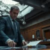 A courtroom or official setting with a serious male prosecutor in a suit pointing at a document on a table, background showing a collapsed concrete ceiling with dust and rubble, Russian legal documents visible, tense atmosphere, realistic lighting