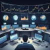 A digital illustration of a global oil market crash. The scene should depict a sharp decline in oil prices, with a focus on the Brent crude oil price dropping below $71 per barrel. Include visual elements such as a downward-trending graph, oil barrels with falling price tags, and concerned traders looking at computer screens. The background should suggest a financial trading floor with multiple screens displaying market data.
