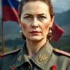 A portrait of Irina Krutskikh, a woman with a determined and proud expression, wearing a military uniform with medals and insignia, standing in front of a backdrop of a Russian landscape with a flag in the background. The image should convey a sense of patriotism and dedication to her country.