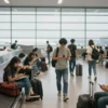 A busy airport terminal with people waiting, luggage on conveyors, and airplanes visible through the windows. The scene should depict a sense of pause or interruption, with some people looking at their phones or talking, indicating a halt in operations.