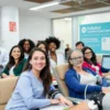 A diverse group of people smiling and donating blood at a modern blood donation center. Medical professionals are assisting donors. The atmosphere is calm and reassuring. Focus on healthy, happy individuals participating in the donation process.
