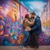 A romantic scene inspired by street art, featuring a couple in an intimate embrace against a backdrop of vibrant graffiti murals in Yaroslavl, with soft lighting and dreamy atmosphere