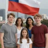 A family of Russian children, diverse in ethnicity, standing in front of a Chilean flag. The children are smiling and looking towards the viewer. The background shows a vibrant cityscape of Santiago, Chile.