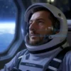 A portrait of a Kazakh male astronaut in a modern space suit with the national flag of Kazakhstan on the shoulder patch, floating in zero gravity with stars and a distant Earth visible through a window, realistic lighting and detailed textures