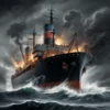 A dramatic news-style illustration depicting a large cargo ship in the ocean, with visible damage and smoke rising from its deck, symbolizing an attack. The scene should convey tension and geopolitical conflict, with a dark, stormy sky in the background. No text or labels should be present on the image.