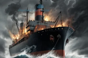 A dramatic news-style illustration depicting a large cargo ship in the ocean, with visible damage and smoke rising from its deck, symbolizing an attack. The scene should convey tension and geopolitical conflict, with a dark, stormy sky in the background. No text or labels should be present on the image.