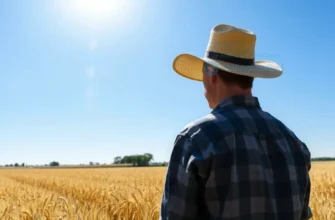 A farmer in a straw hat stands in a field of golden wheat under a clear blue sky. The field stretches to the horizon, with a few scattered trees in the distance. The sun is shining brightly.