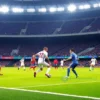 A scene depicting a soccer match between England and another team in a stadium, with players in action on the field. The focus should be on the tactical play, with players positioned strategically. The stadium should be filled with spectators, and the atmosphere should be intense and competitive.