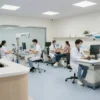 A modern medical clinic with several specialized doctors in different rooms, each with their own equipment and patients. The clinic is well-lit and clean, with a reception area in the foreground. The doctors are depicted in professional attire, and the patients are comfortably seated or lying down for their consultations.