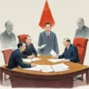 A stylized illustration depicting a meeting between a Chinese and Russian official. The Chinese official is seated at a large table, gesturing towards a document. The Russian official is standing, listening attentively. Subtle symbolism representing energy and trade should be incorporated into the background.
