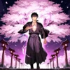 A man in traditional Japanese clothing undergoing a mystical transformation, with glowing energy swirling around him, surrounded by cherry blossoms and ancient symbols, in a dramatic anime style