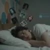 A surreal dream scene with abstract noise patterns in the background, a person lying in bed with a confused expression, and fragmented memories floating around their head. The atmosphere should be mysterious and slightly unsettling, with soft lighting and dreamlike colors.