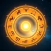 A mystical celestial zodiac wheel with all twelve zodiac signs arranged in a circular pattern around a glowing sun, each sign represented by its traditional symbol (Aries ram, Taurus bull, Gemini twins, Cancer crab, Leo lion, Virgo maiden, Libra scales, Scorpio scorpion, Sagittarius archer, Capricorn goat, Aquarius water bearer, Pisces fish), rendered in soft golden and deep blue cosmic light with subtle star trails and nebula background, evoking a serene and auspicious horoscope atmosphere for