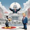 A cartoonish illustration of a Disney character, such as Mickey Mouse, standing defiantly in front of a large, imposing figure representing the U.S. government or Donald Trump. The scene should convey a sense of challenge and resistance, with the Disney character holding a sign or symbolizing free speech. The background should include elements that suggest censorship, such as blurred or blacked-out text and symbols.