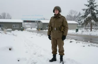 A soldier in military uniform standing in a cold, snowy landscape with a distant view of a military base or checkpoint, symbolizing refusal to accept service in the conflict zone. Include elements like a winter coat, boots, and a determined expression. Show a harsh, realistic environment with snow-covered trees and a gray sky.