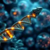 A microscopic view of a lizard's DNA strand, with glowing sections highlighting specific genetic markers. In the background, a stylized representation of human cells showing signs of disease. The overall color palette should be cool blues and greens, with contrasting warm tones for the highlighted DNA.