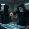 A dramatic scene showing a young student being transformed into a cunning burglar, with masked figures handing over stolen keys and a glowing digital map of apartment layouts, dark urban setting, intense lighting, high detail