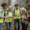 A group of concerned volunteers in outdoor gear is helping a lost elderly couple in a dense, misty forest. The volunteers are offering water and checking on the couple's well-being. The scene conveys a sense of relief and community support amidst a natural, slightly overcast woodland setting.