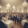 A blurred, indistinct scene of a wedding reception. Focus on the general atmosphere – people in formal wear, a decorated venue, hints of celebration. The overall tone should be somber and suggestive of disruption. Avoid any depiction of violence or specific individuals.