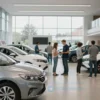 A modern car dealership in Stavropol, Russia, with a variety of new cars on display. The scene should include a price tag on one of the cars showing a 10% reduction. The dealership should be bustling with activity, with potential buyers and salespeople interacting. The overall atmosphere should be bright and inviting, with natural light illuminating the showroom.