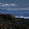 A dramatic photorealistic scene of the Kuril Islands during an earthquake, showing rugged volcanic islands, cracked ground, trembling sea, smoke and ash rising, dark clouds, and waves crashing against the shoreline
