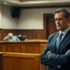 A man in a suit standing in a courtroom, looking distressed, with a judge's gavel on the desk, a fallen elderly woman in a wheelchair in the background, and a somber atmosphere with dim lighting