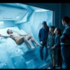 A realistic photograph of a human body frozen inside a large industrial freezer, showing clear signs of being encased in ice, with a shocked American family gathered nearby looking at it in disbelief, cold blue lighting, high detail, no text or symbols on the ice