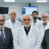 A formal portrait of several distinguished Iranian scientists and engineers, diverse in age and gender, standing in a modern research laboratory. They are looking directly at the viewer with serious but confident expressions. The background should feature advanced scientific equipment and displays.