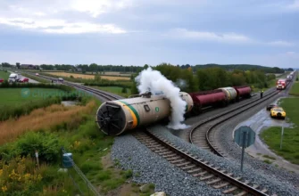 A freight train carrying hazardous materials has derailed in Pennsylvania, with several cars overturned on the tracks amid a rural landscape, smoke rising from one of the cars, emergency vehicles and responders present in the distance, overcast sky, realistic lighting