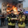 A solemn scene of the Chief Rabbi of Israel standing beside firefighters in full gear, holding a Torah scroll, with a burning building in the background and a crowd of concerned citizens observing from a safe distance. The setting is a modern Israeli city street at dusk, with emergency lights illuminating the scene.