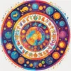 A vibrant and colorful illustration depicting the zodiac signs arranged in a circular pattern around a central sun. Each sign should be represented by its corresponding symbol and color palette. The overall style should be cheerful and optimistic, reflecting a positive horoscope. Include subtle celestial elements like stars and constellations in the background.
