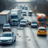 A wide shot of a chaotic traffic accident scene on a highway in the Volgograd region, Russia. Several damaged trucks and cars are visible, with emergency vehicles (police cars, ambulances) present. Debris is scattered across the road. The scene should convey the aftermath of a serious collision. Focus on the vehicles and the immediate surroundings, emphasizing the scale of the accident.