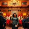 A dignified ceremony in a historic Peruvian presidential palace, featuring a woman in formal presidential attire taking the oath of office, surrounded by traditional Andean motifs, flags, and dignitaries, captured in a realistic style with vibrant colors and ceremonial grandeur